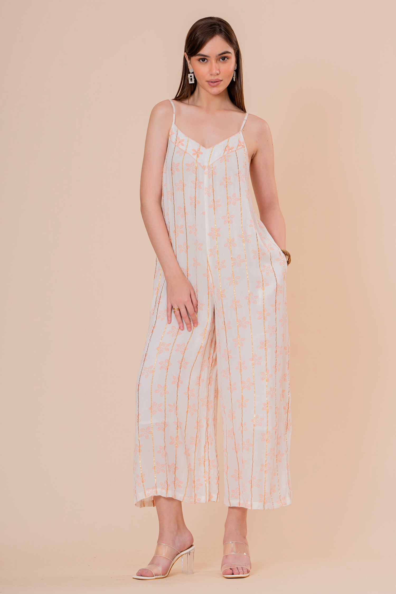 Mono Jumpsuit de Tirantes Blanco con Rayas Doradas