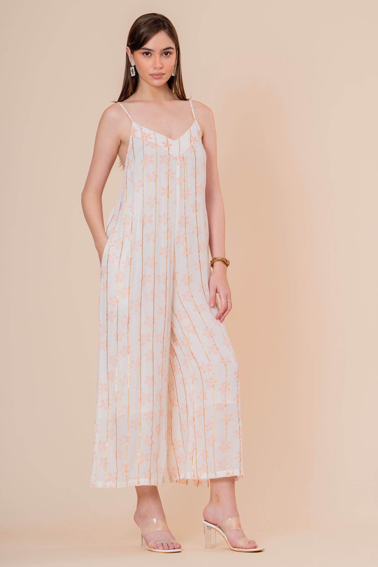Mono Jumpsuit de Tirantes Blanco con Rayas Doradas