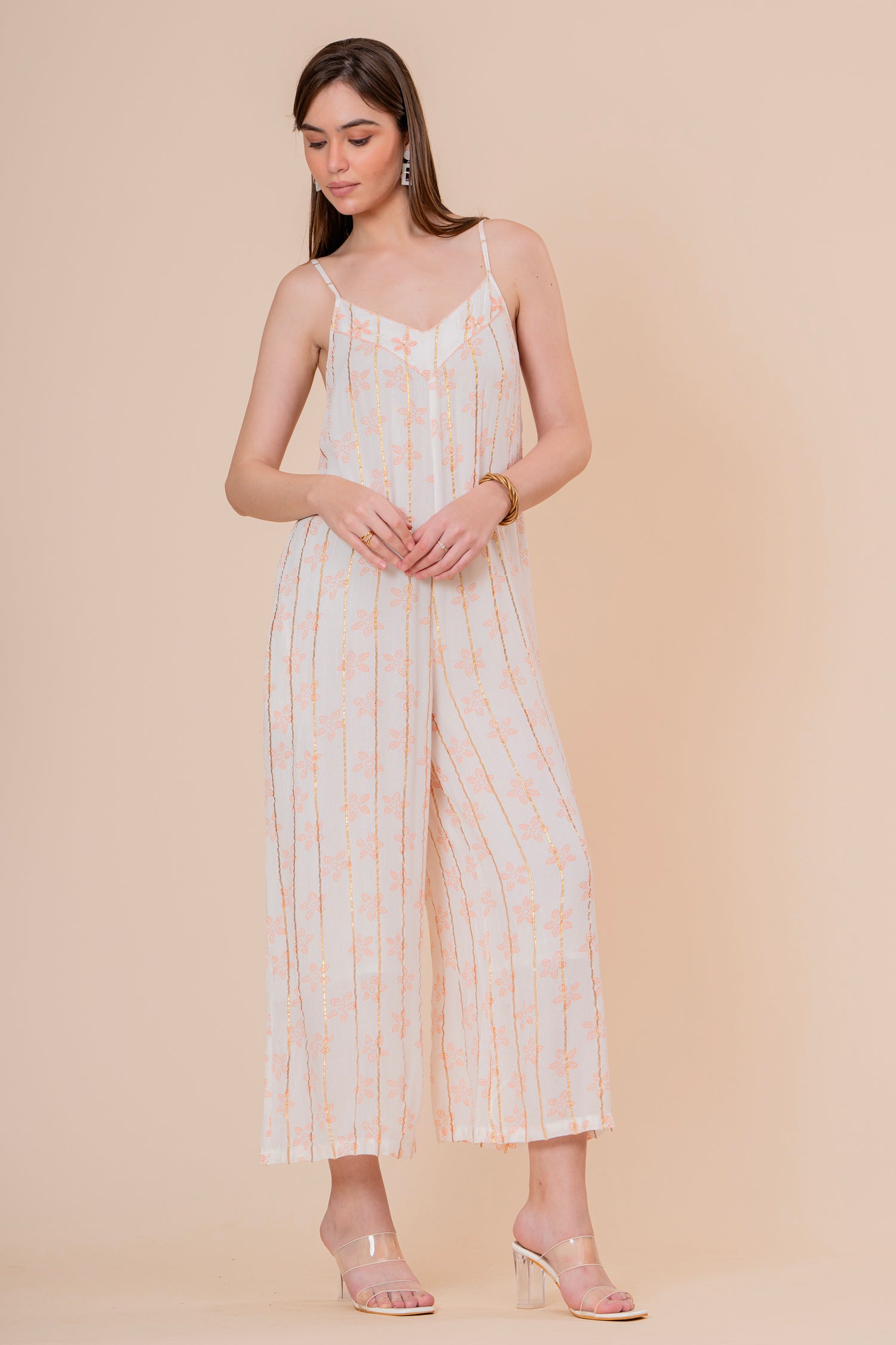 Mono Jumpsuit de Tirantes Blanco con Rayas Doradas