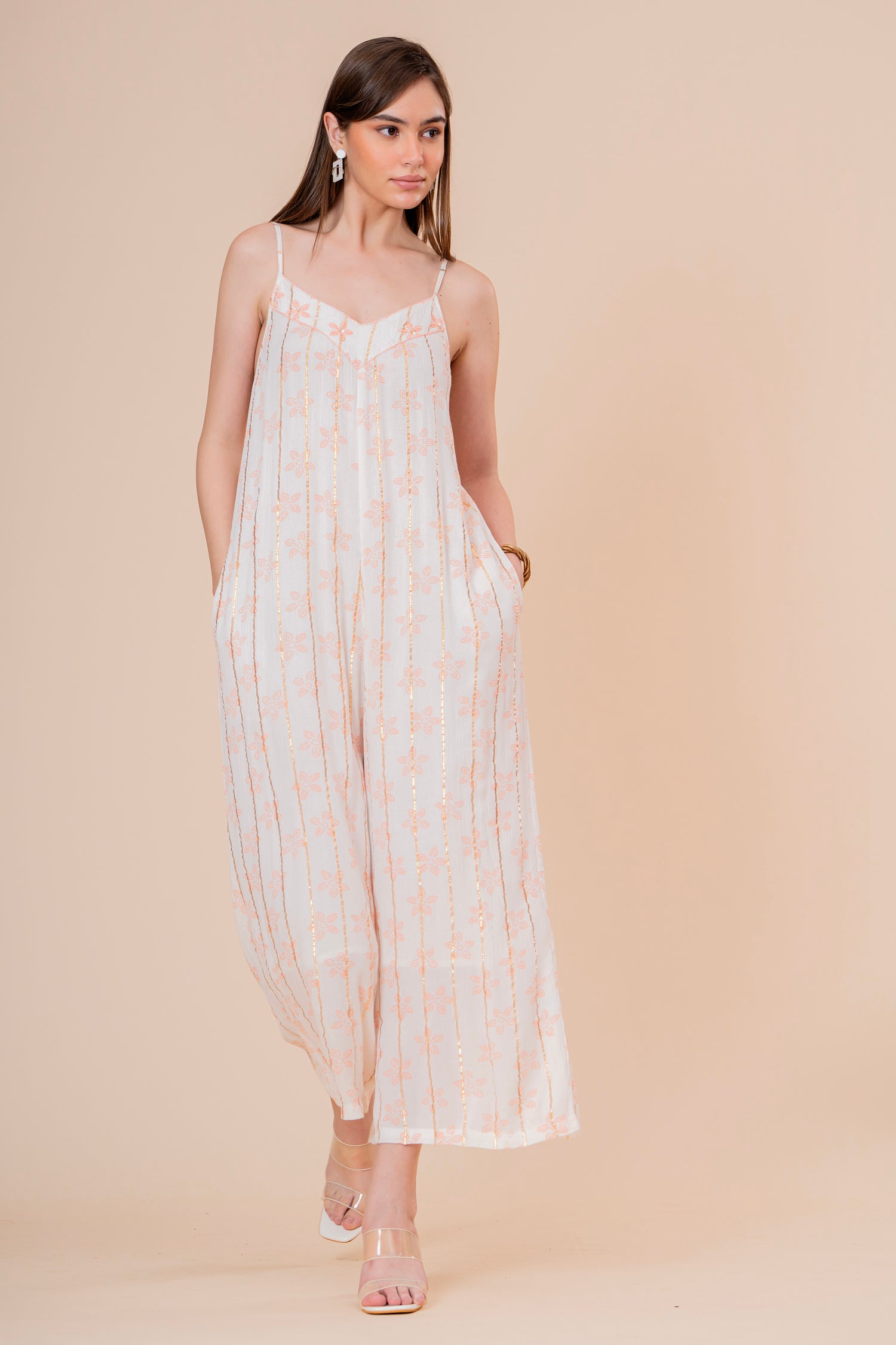 Mono Jumpsuit de Tirantes Blanco con Rayas Doradas
