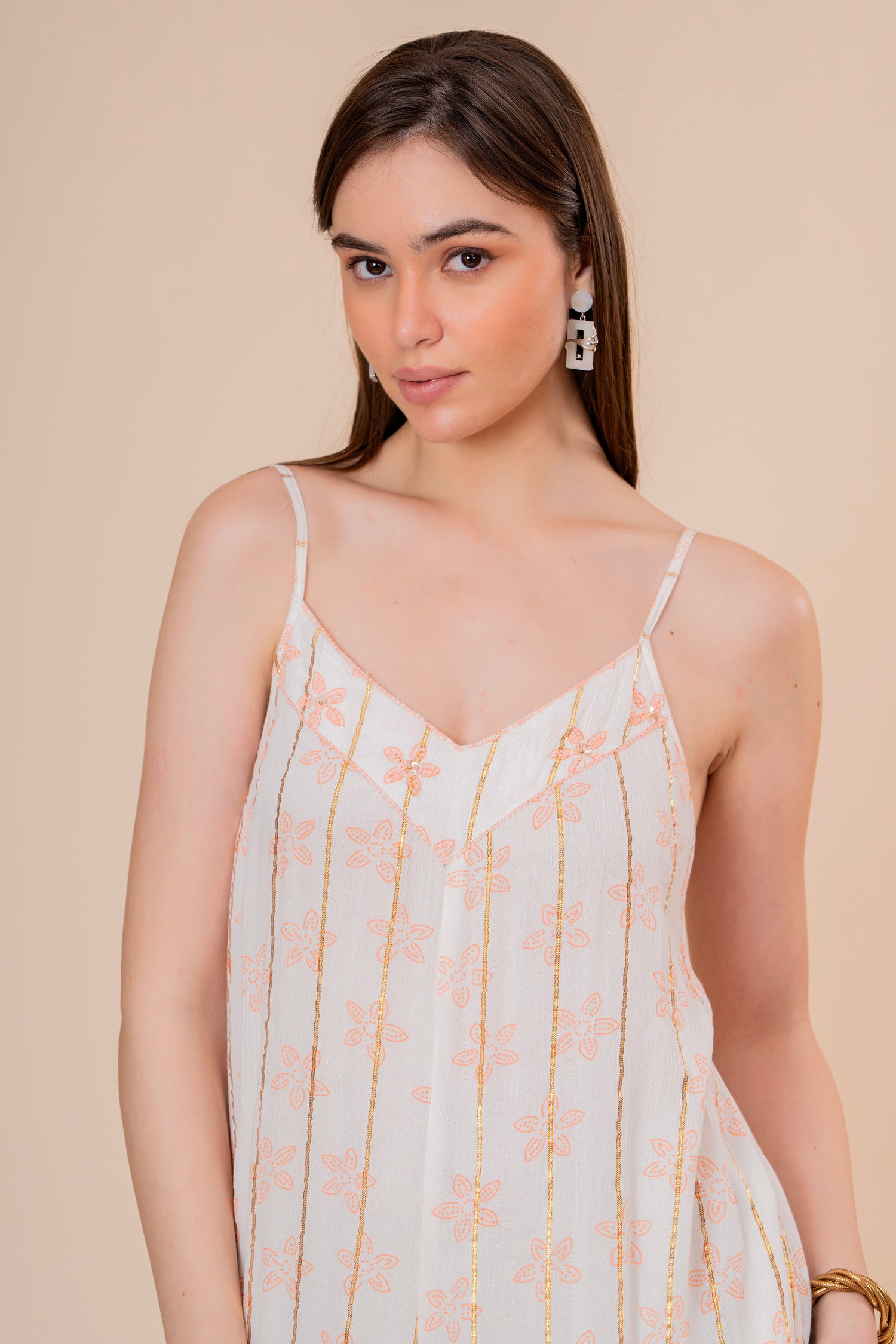 Mono Jumpsuit de Tirantes Blanco con Rayas Doradas