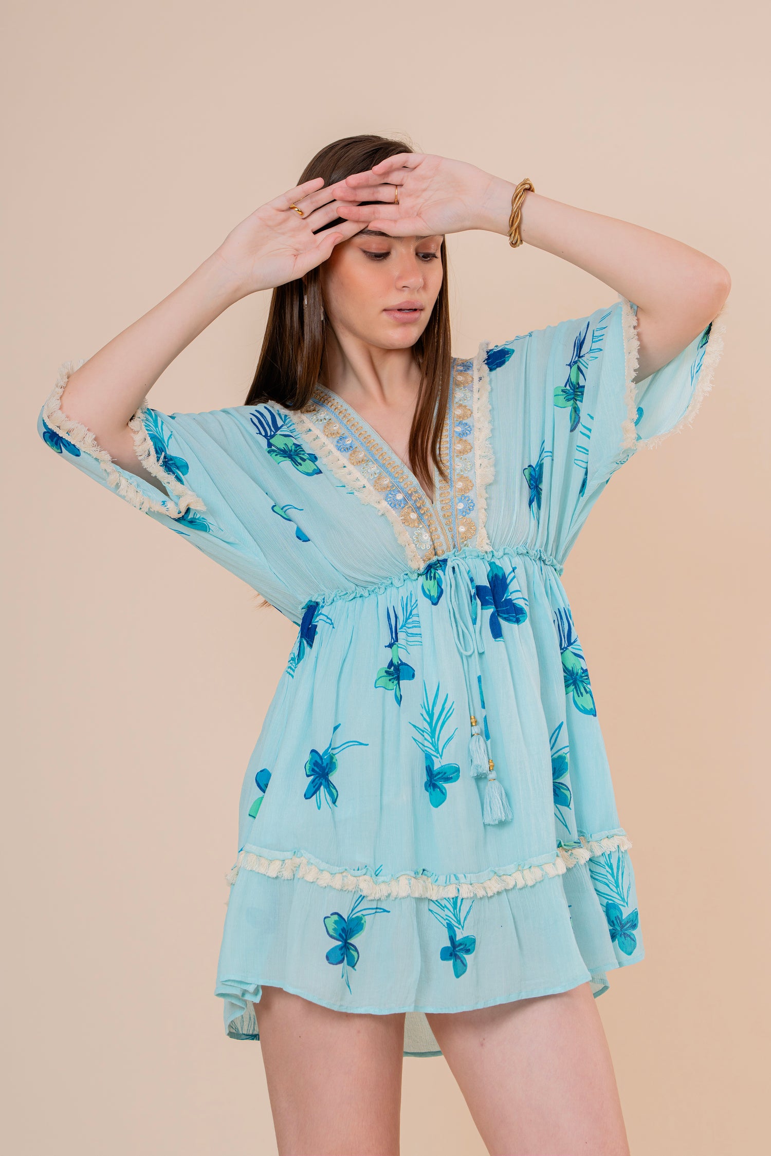 Minivestido Corte Imperio Estampado Floral Azul