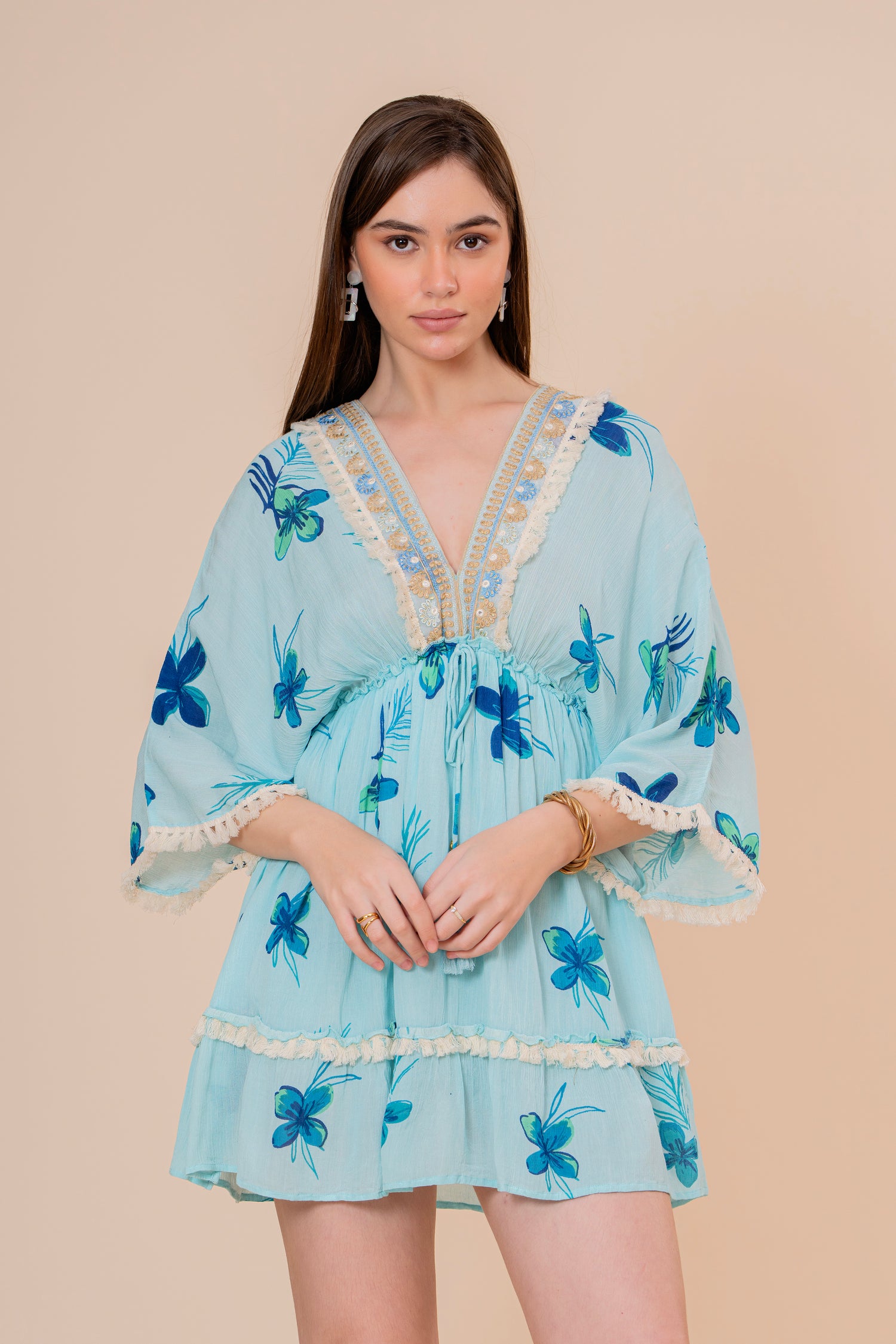 Minivestido Corte Imperio Estampado Floral Azul