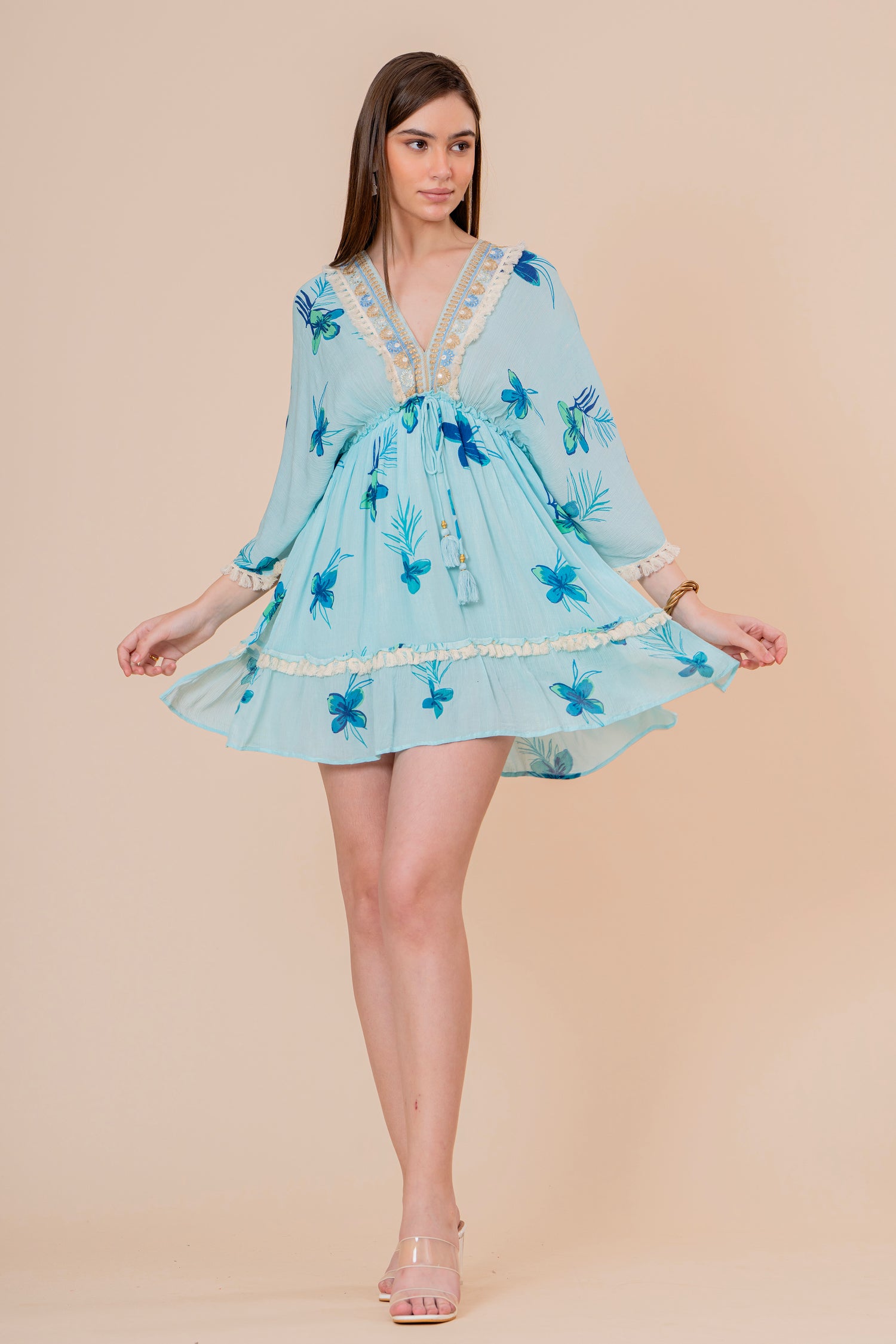 Minivestido Corte Imperio Estampado Floral Azul