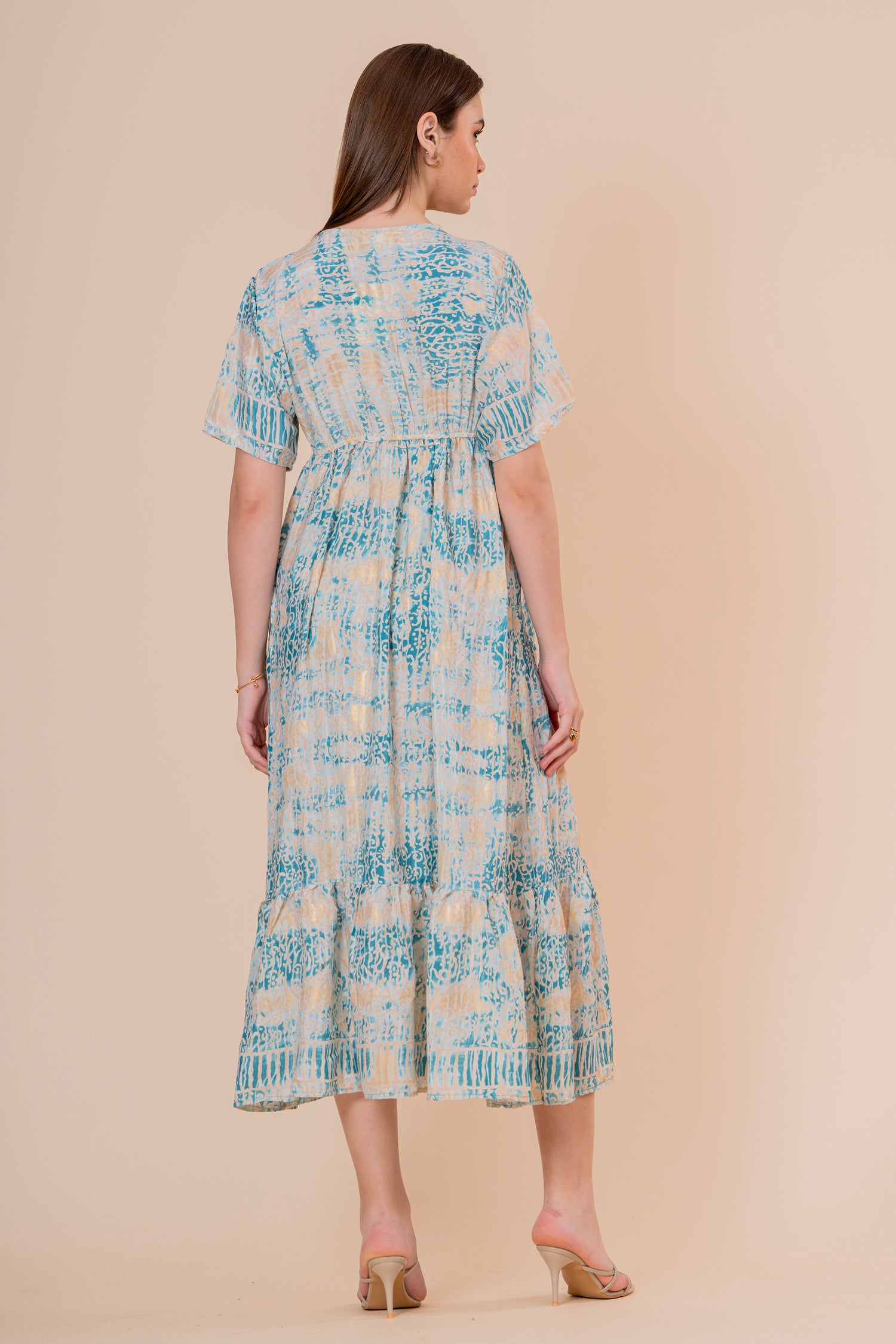 Túnica Kaftán Corta Estampado Floral Turquesa con Flecos