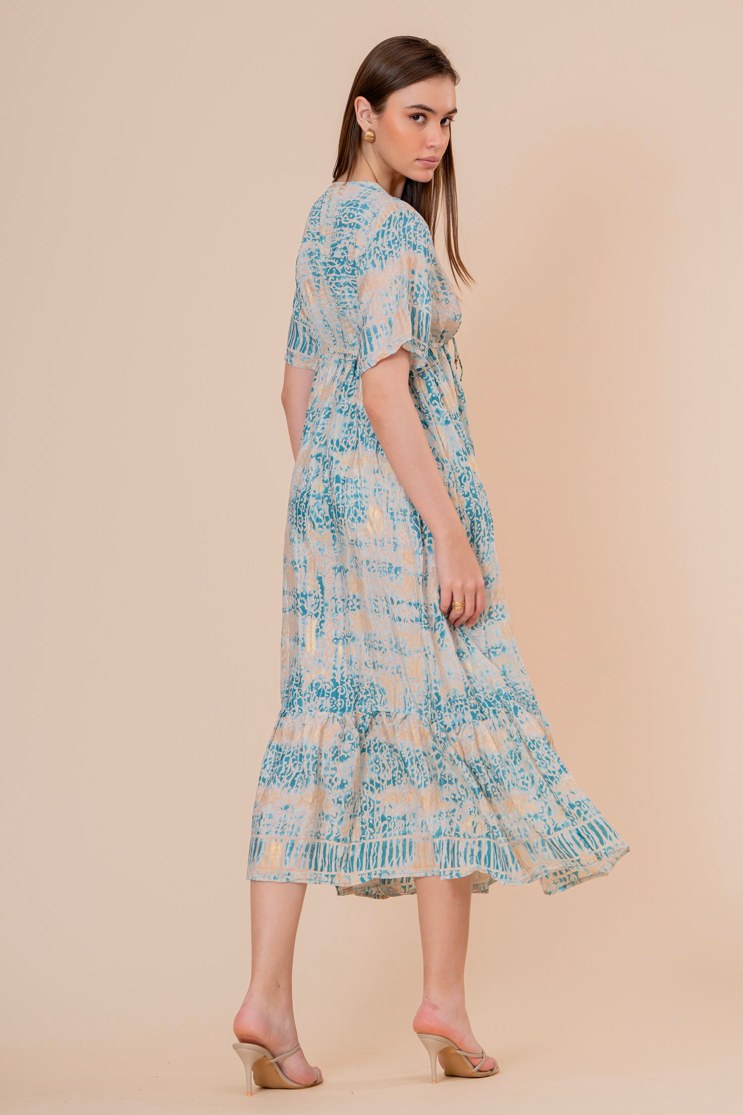 Túnica Kaftán Corta Estampado Floral Turquesa con Flecos