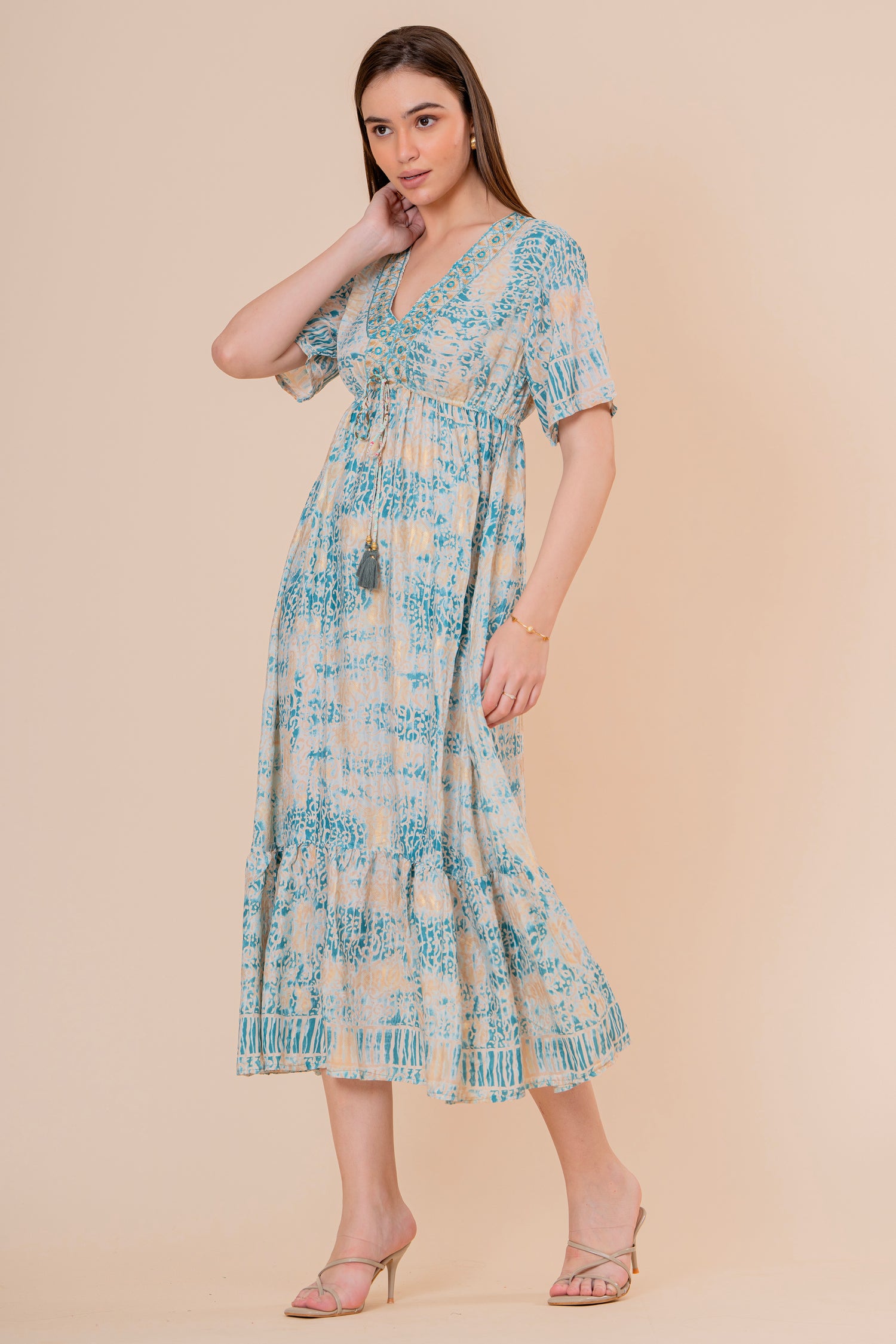 Túnica Kaftán Corta Estampado Floral Turquesa con Flecos