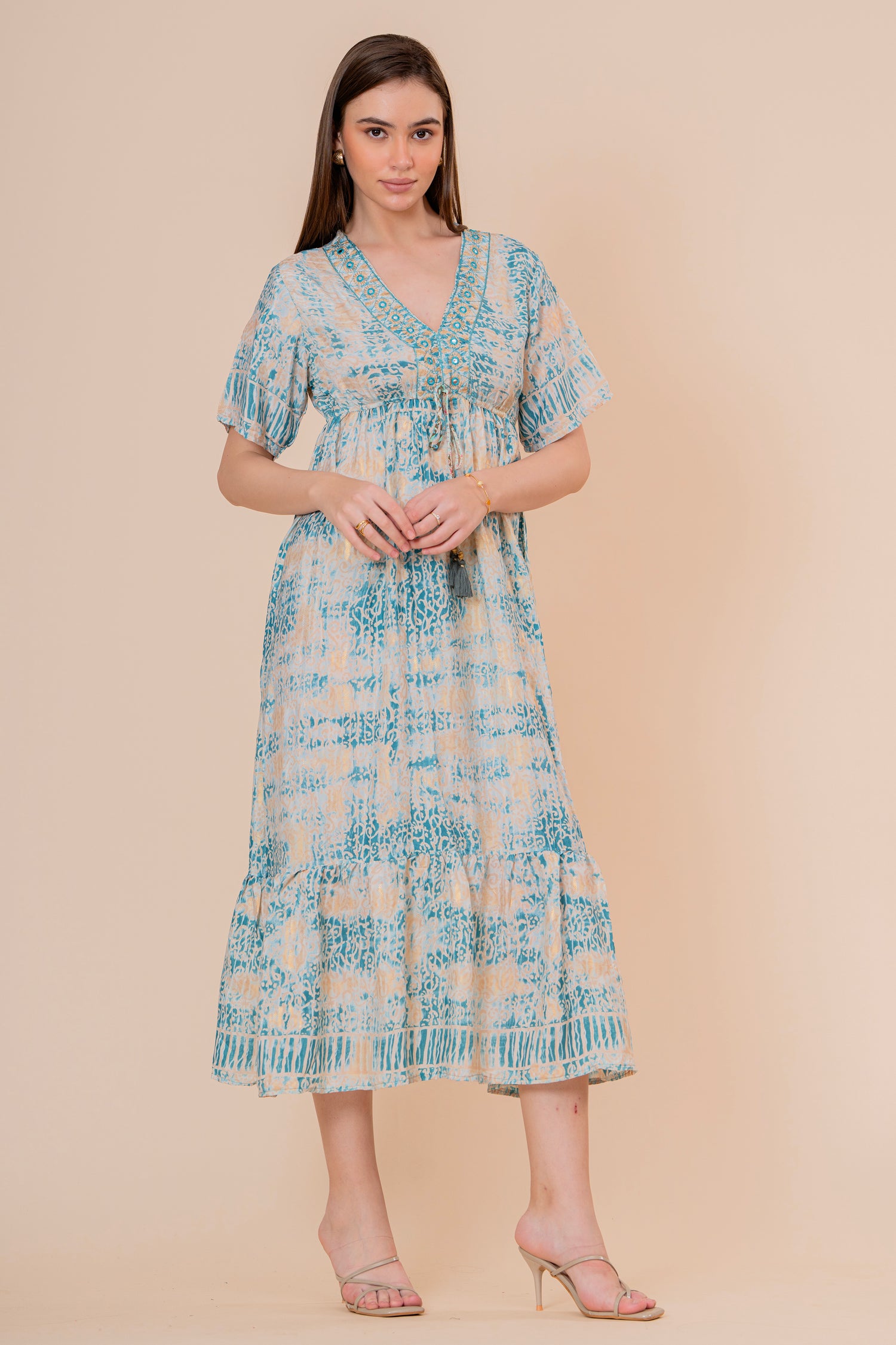 Túnica Kaftán Corta Estampado Floral Turquesa con Flecos