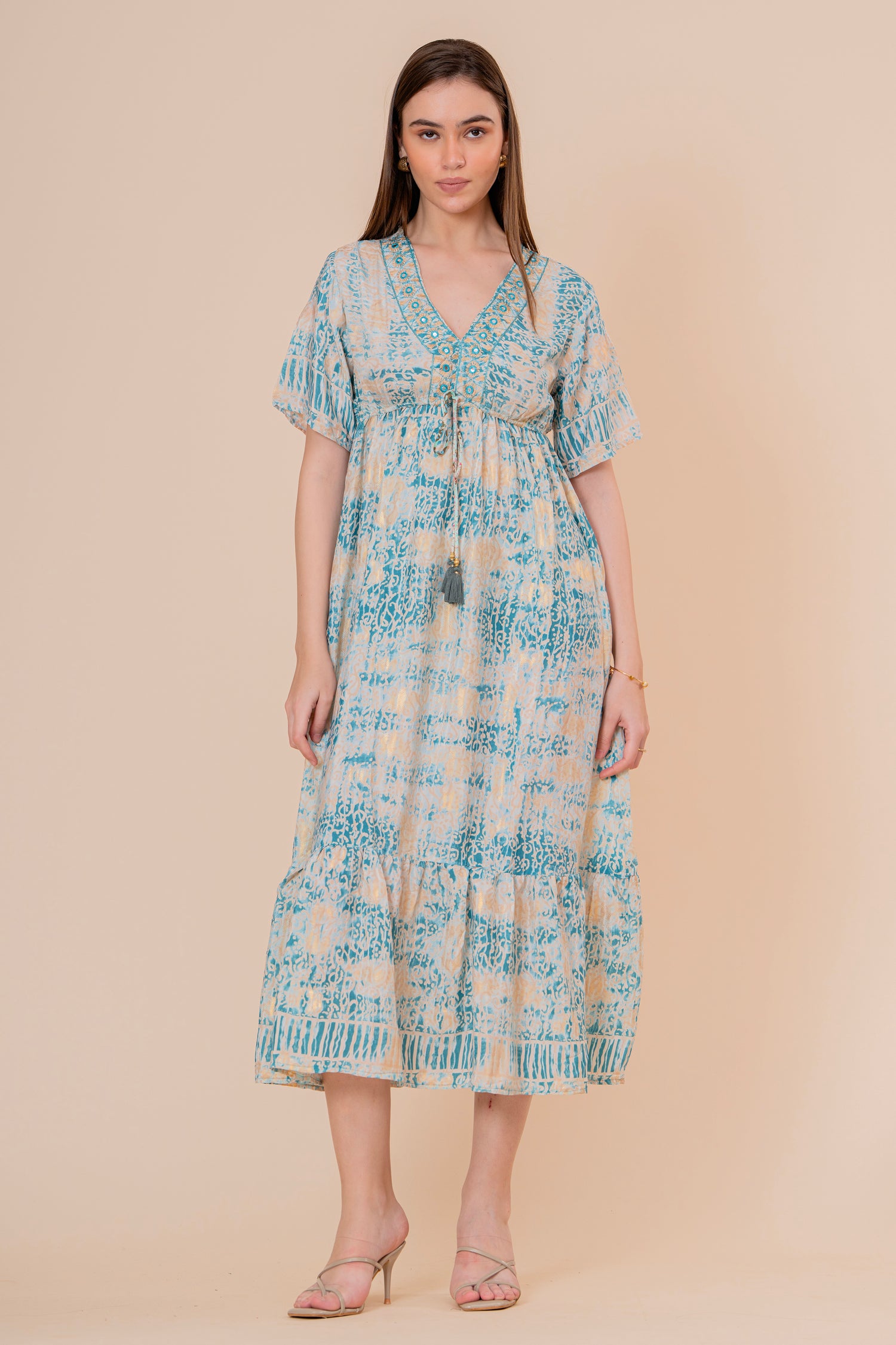 Túnica Kaftán Corta Estampado Floral Turquesa con Flecos