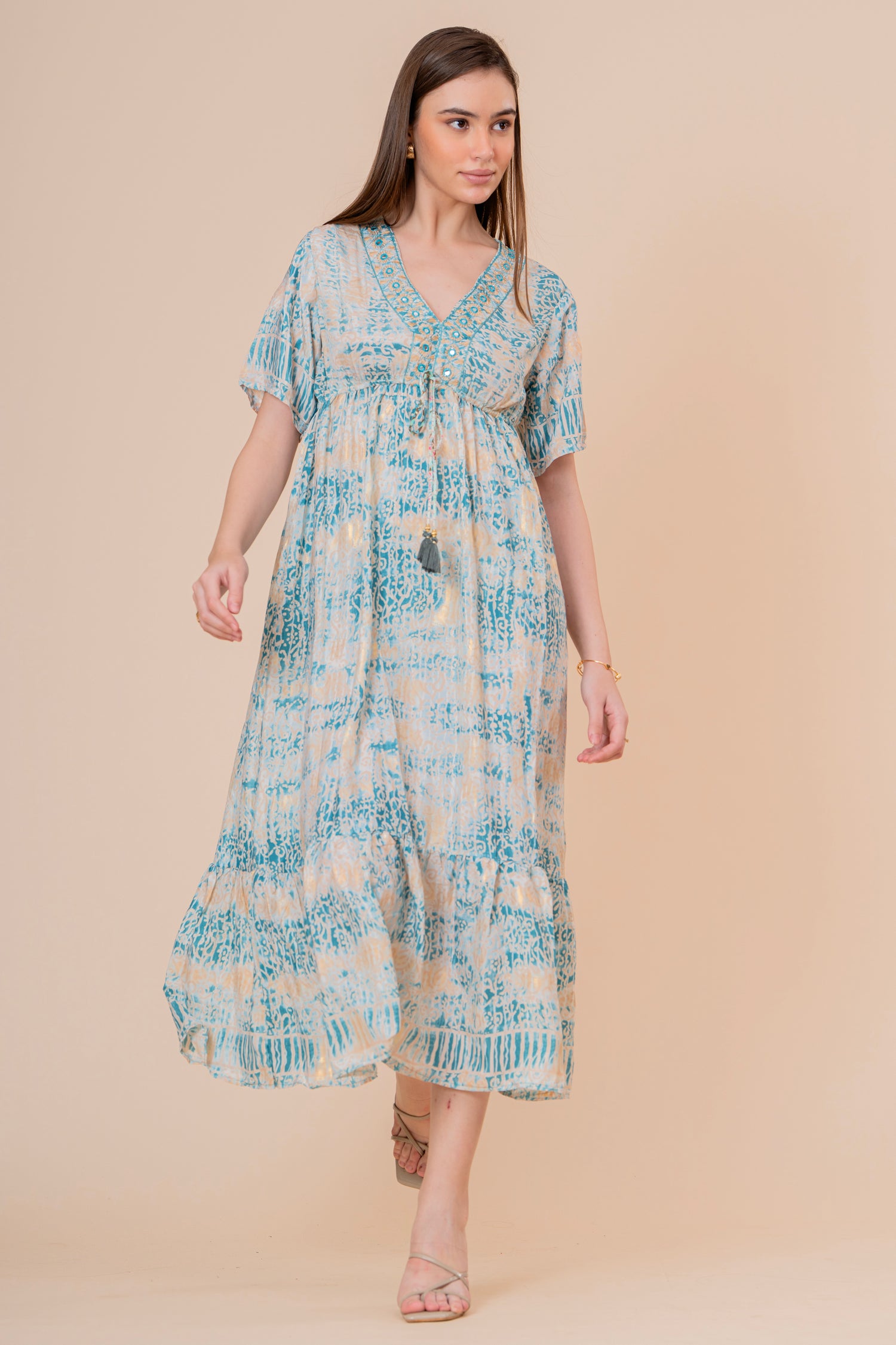 Túnica Kaftán Corta Estampado Floral Turquesa con Flecos