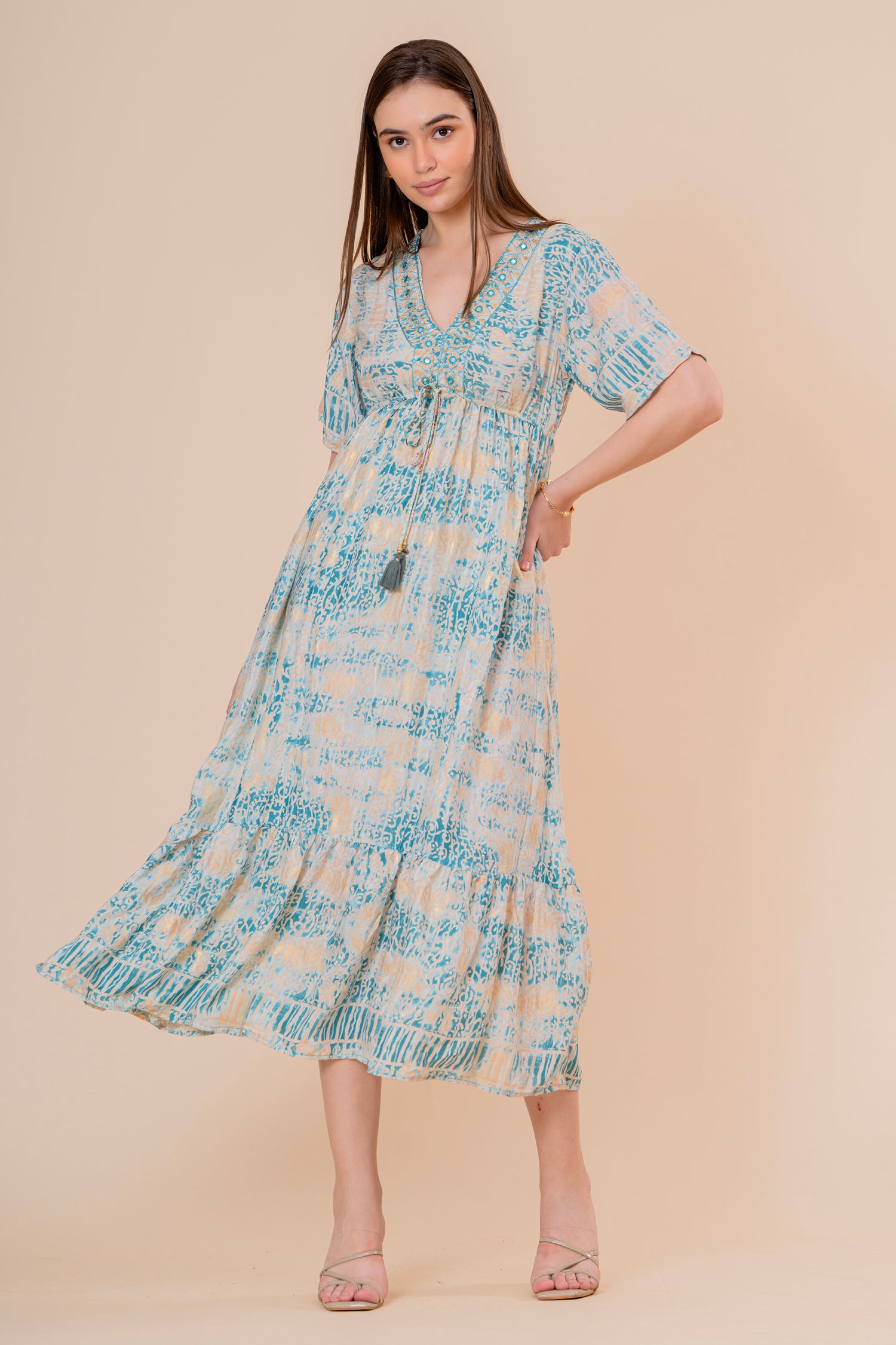 Túnica Kaftán Corta Estampado Floral Turquesa con Flecos