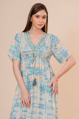 Túnica Kaftán Corta Estampado Floral Turquesa con Flecos