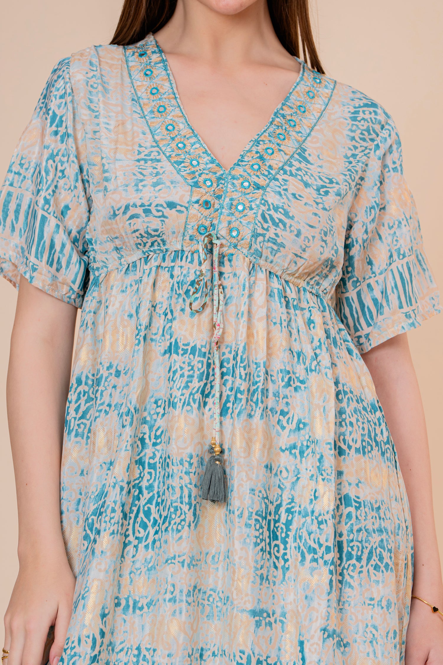 Túnica Kaftán Corta Estampado Floral Turquesa con Flecos