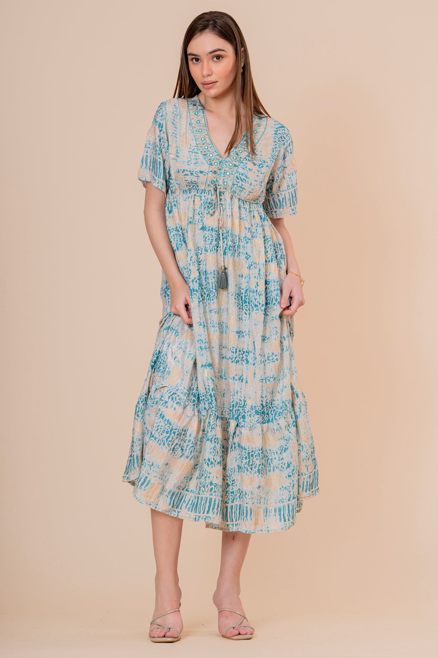 Túnica Kaftán Corta Estampado Floral Turquesa con Flecos