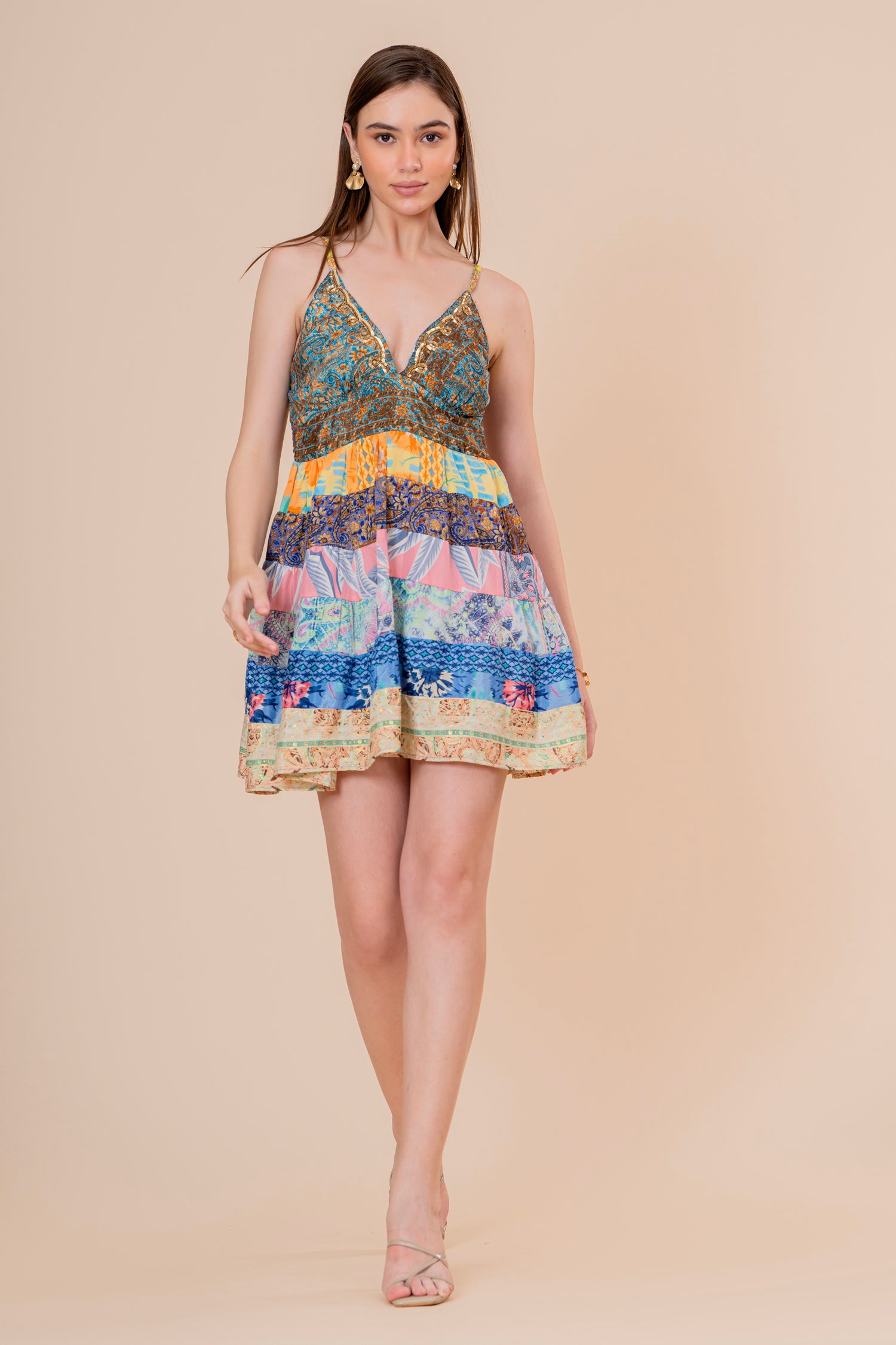 Minivestido de Tirantes Estampado Floral Rosa y Verde