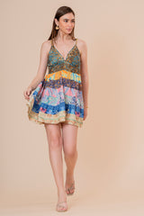 Minivestido de Tirantes Estampado Floral Rosa y Verde