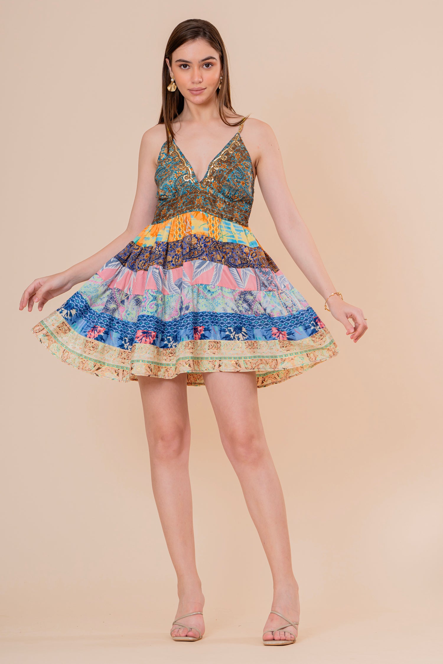 Minivestido de Tirantes Estampado Floral Rosa y Verde