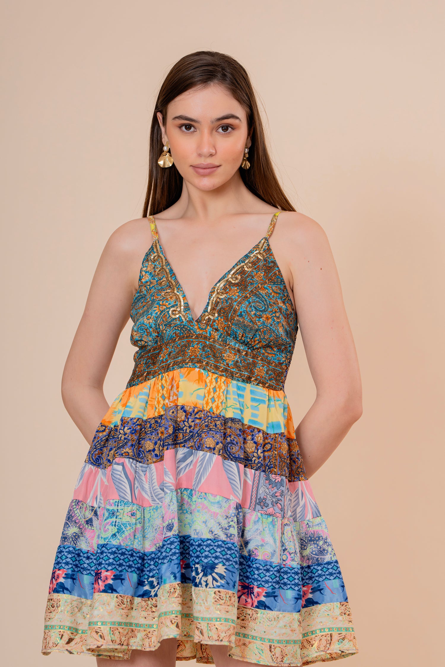 Minivestido de Tirantes Estampado Floral Rosa y Verde