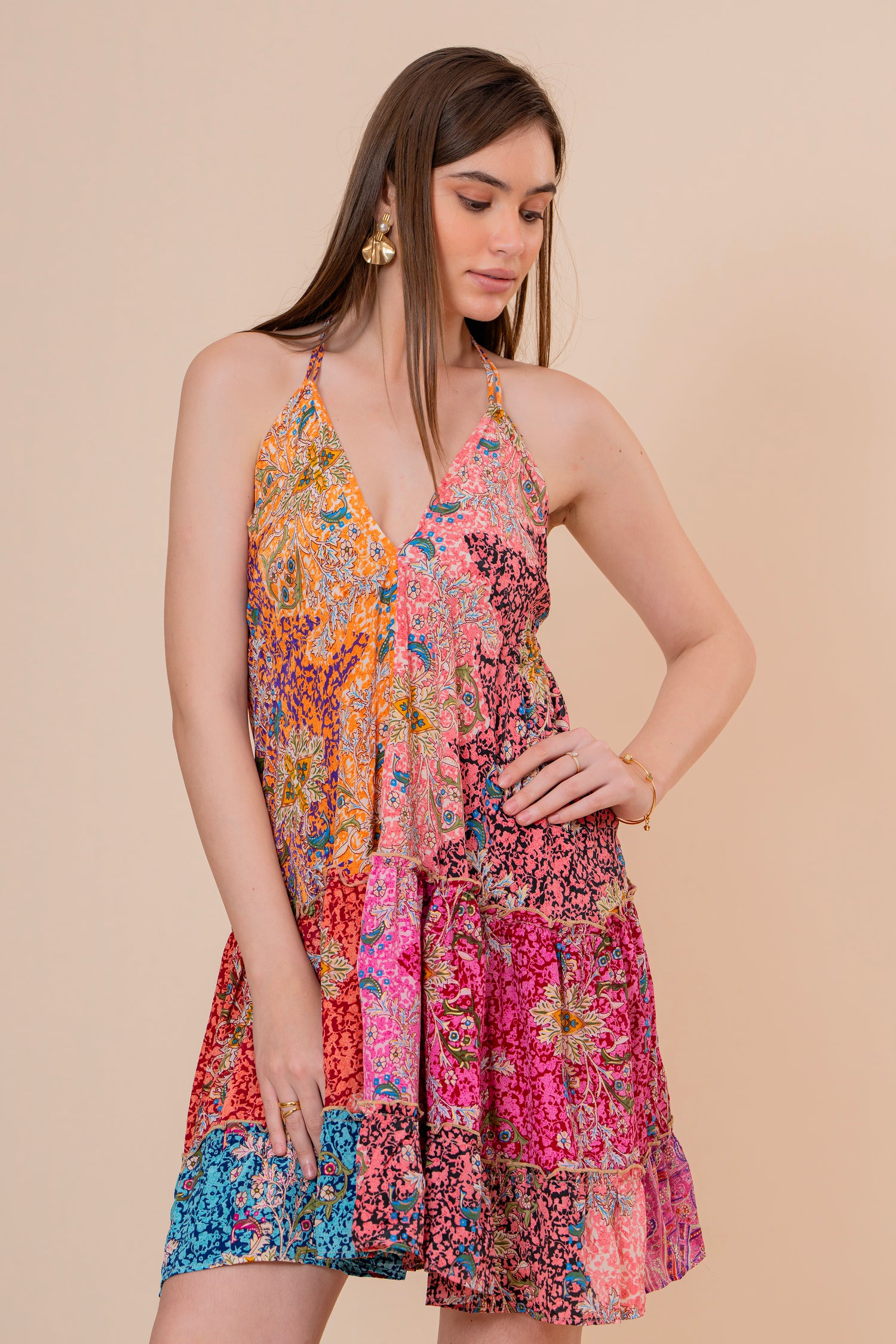 Minivestido Halter Estampado Patchwork Multicolor