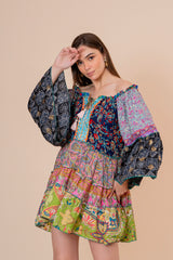 Minivestido Patchwork Hombros Descubiertos Manga Campana